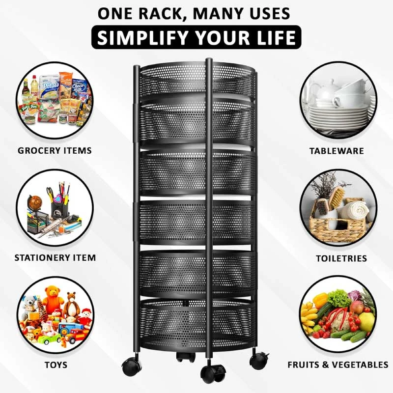 6 Layer Kitchen Vegetable Rack – Heavy Duty Metal Storage Organizer | Fruits & Vegetable Stand with Wheels | Space Saving Kitchen Rack